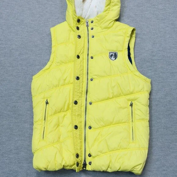 American Eagle Womens Yellow Puffer Vest Faux Fur Hooded Zip Pockets Size Small - Picture 5 of 16